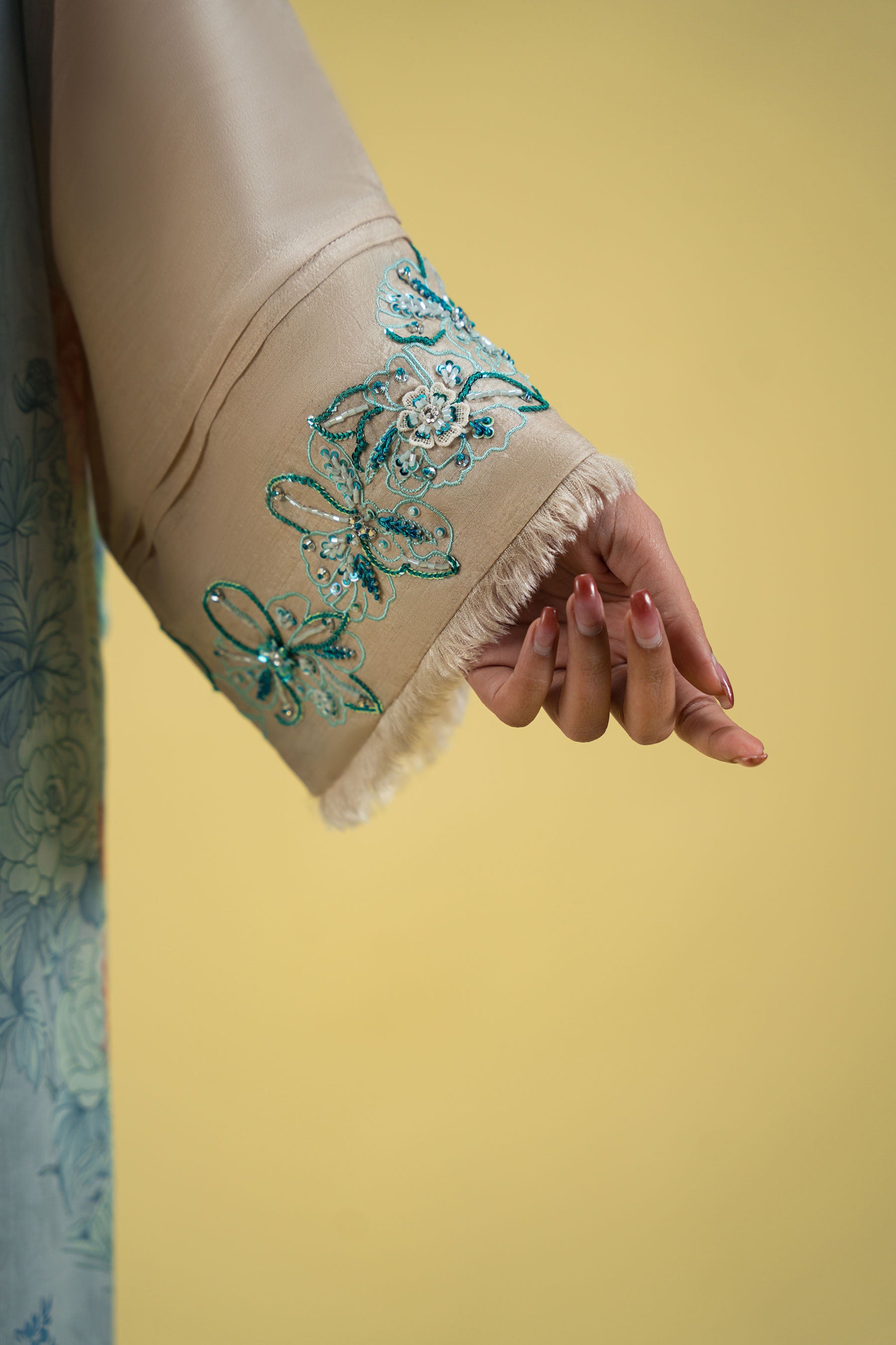 Pakistani Pastel Beige Hand-Embellished Blended Silk Salwar Kameez (3-Piece) - Image 5