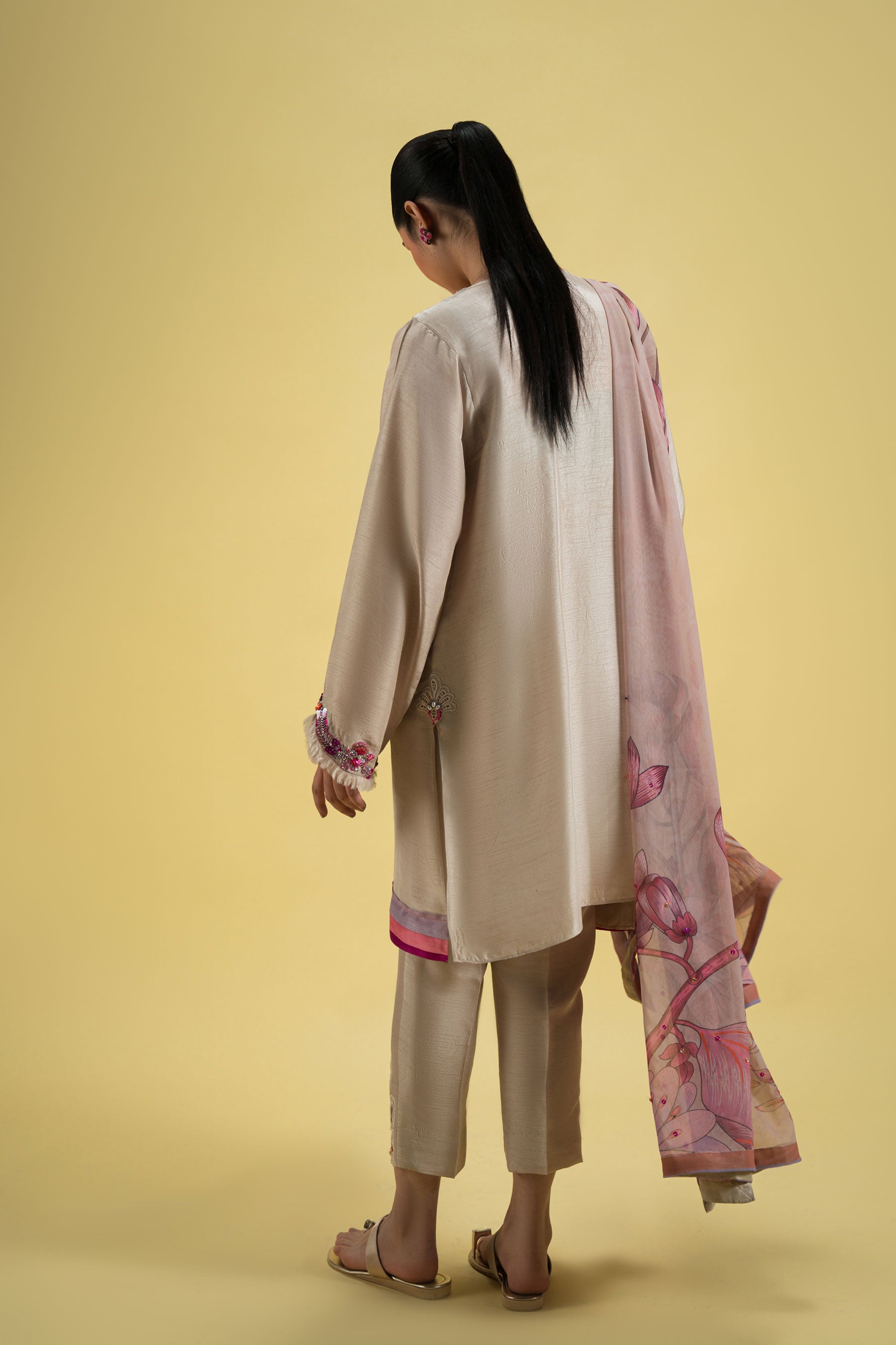 Pastel Beige Embroidered Blended Silk Salwar Kameez (3-Piece) - Image 2