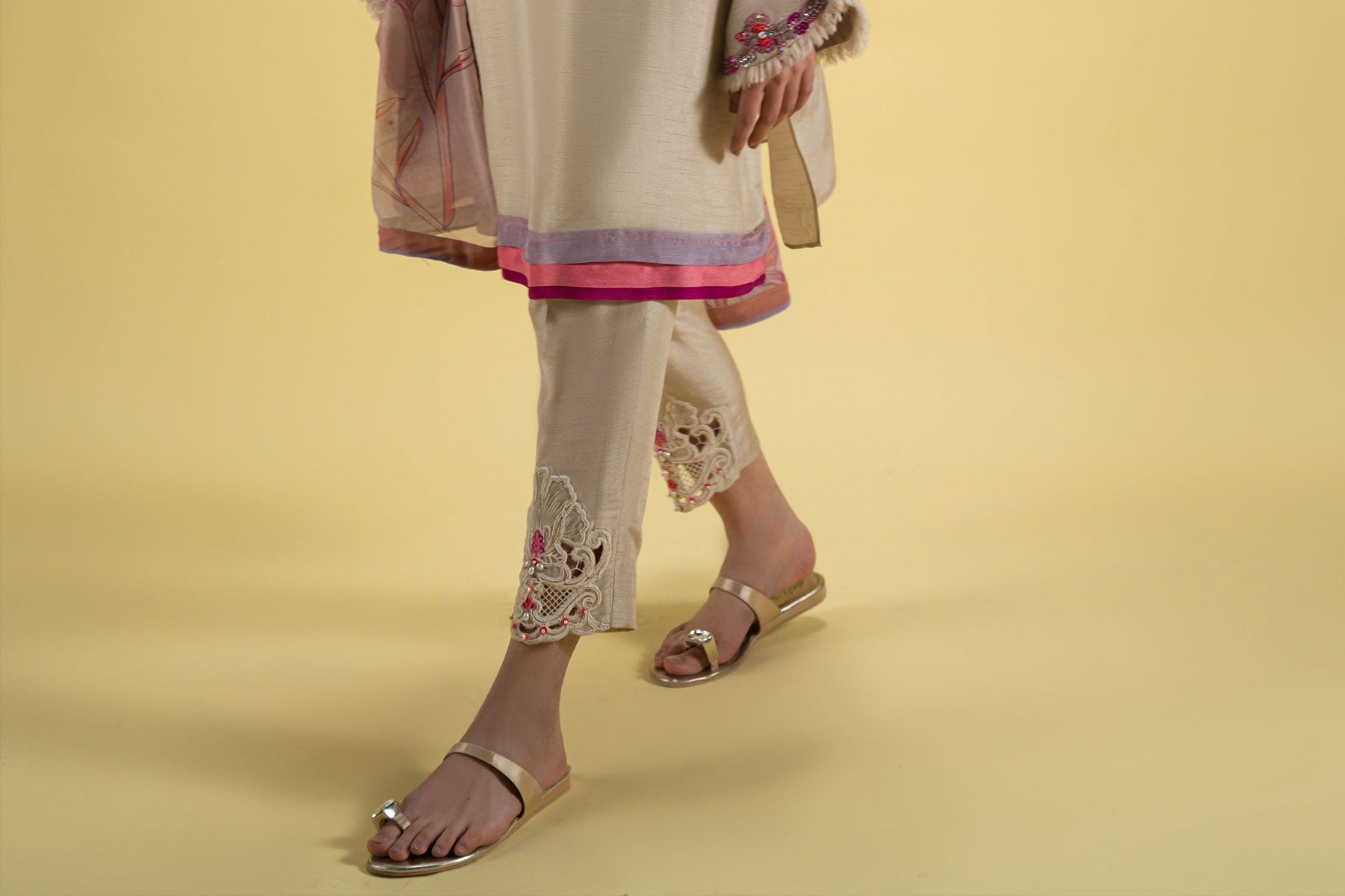 Pastel Beige Embroidered Blended Silk Salwar Kameez (3-Piece) - Image 4