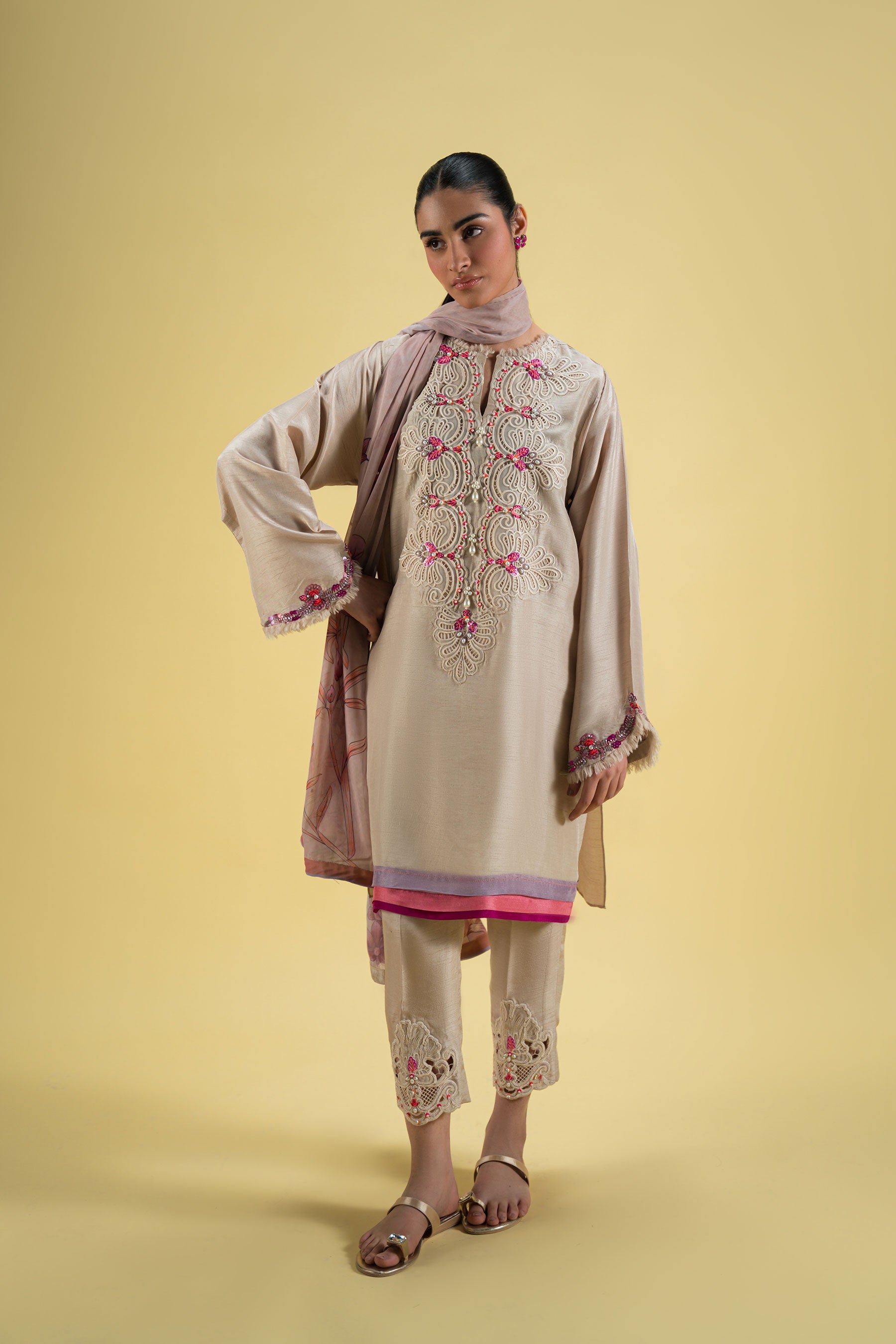 Pakistani Pastel Beige Embroidered Blended Silk Salwar Kameez (3-Piece) - Image 1