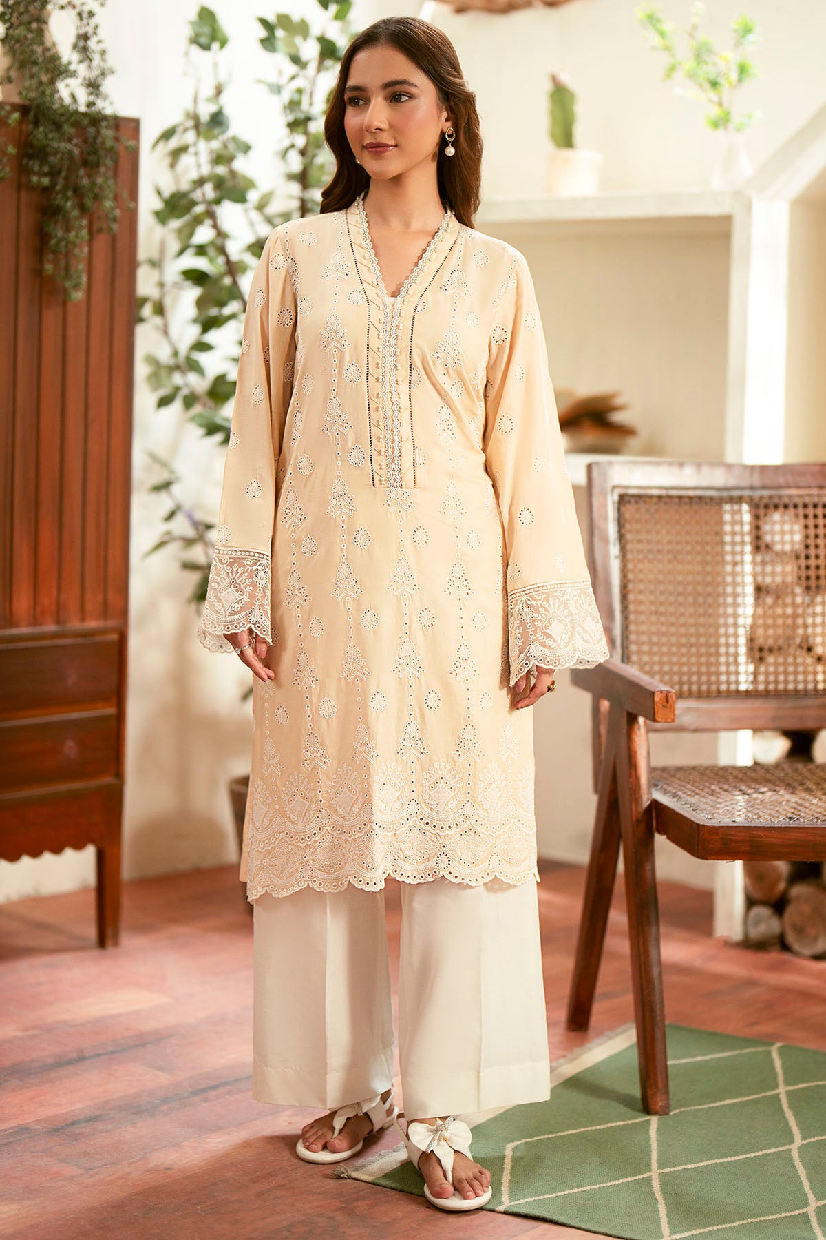 Pakistani Beige Schiffli Embroidered Cambric Lawn Salwar Kameez (2-Piece) - Image 1