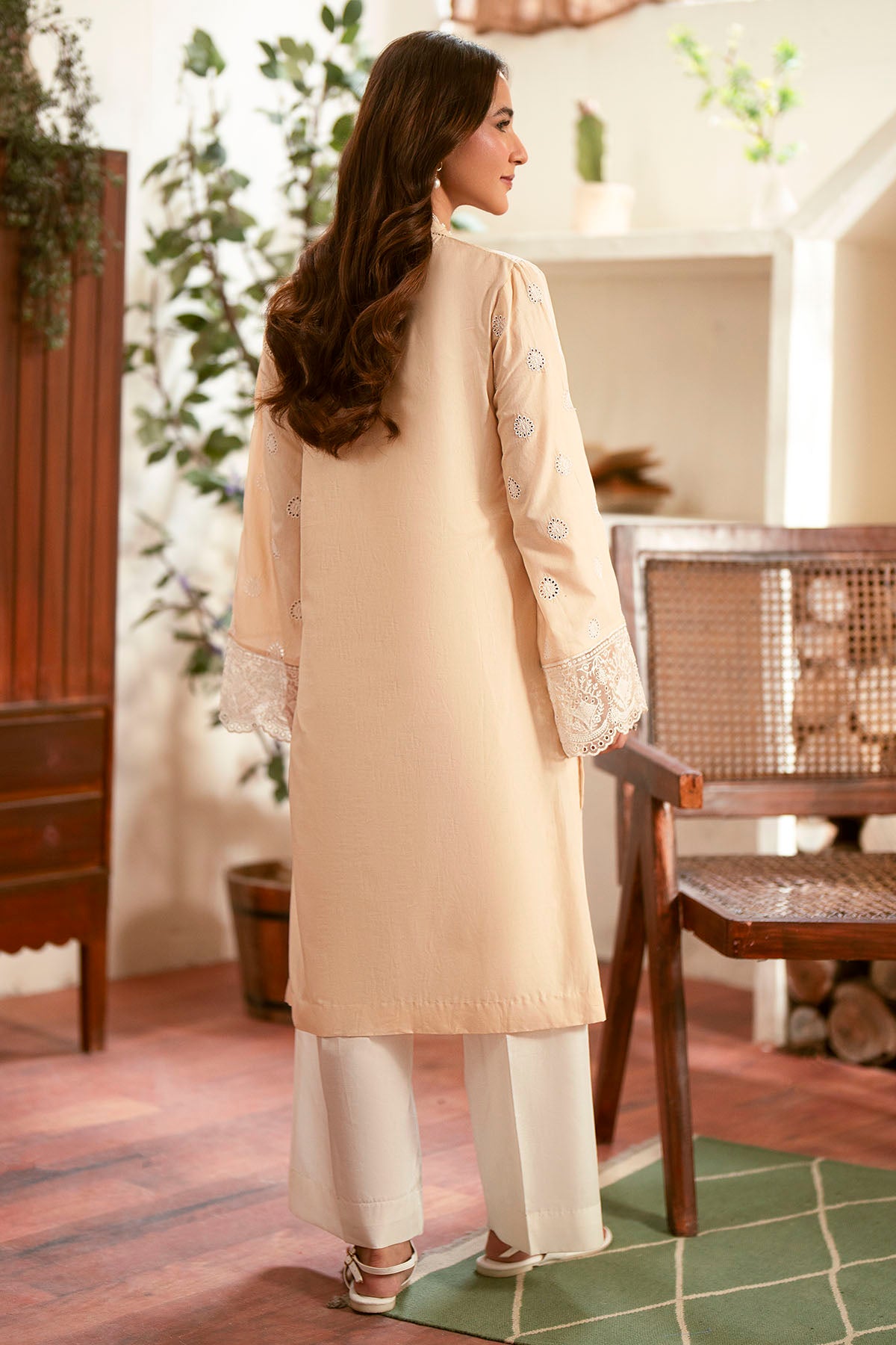 Pakistani Beige Schiffli Embroidered Cambric Lawn Salwar Kameez (2-Piece) - Image 2