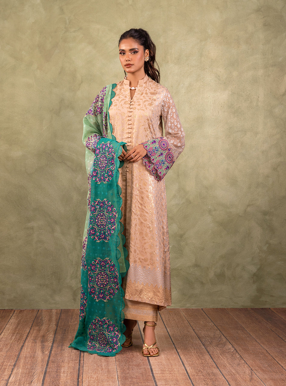 Pakistani Soft Beige Block Printed Pure Chiffon Salwar Kameez (3-Piece) - Image 1
