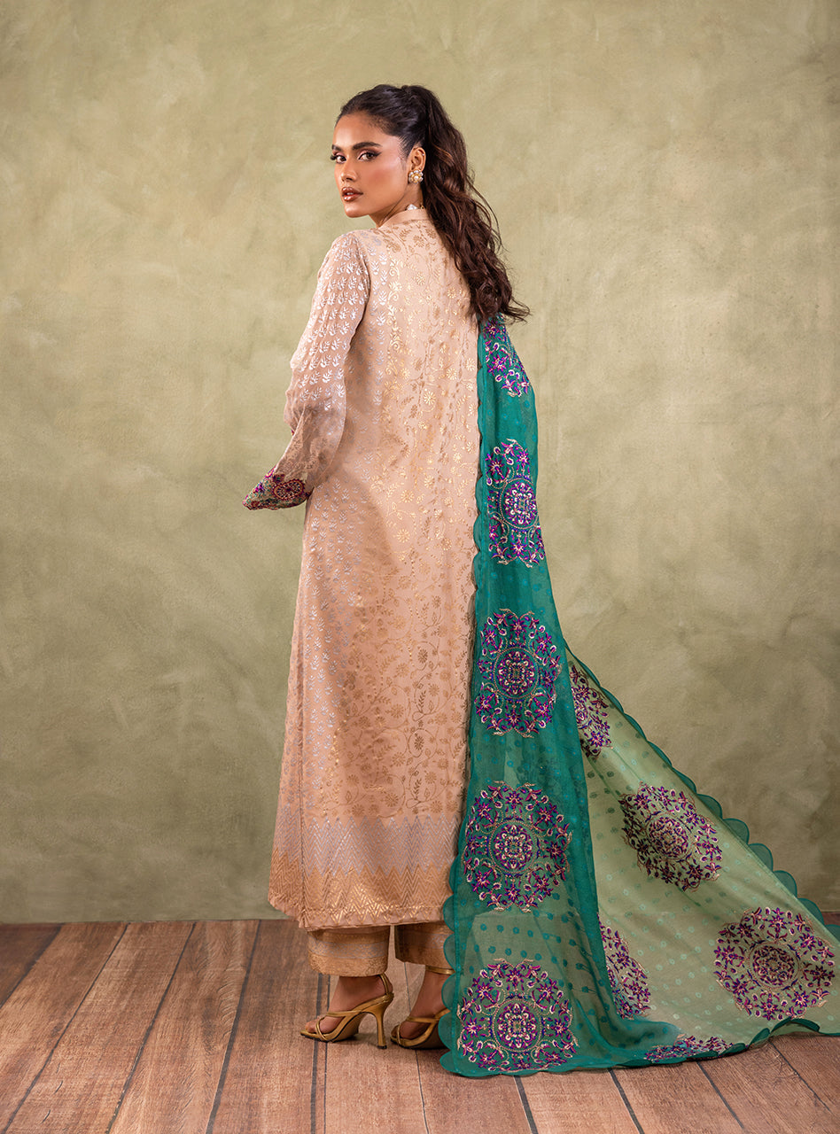 Pakistani Soft Beige Block Printed Pure Chiffon Salwar Kameez (3-Piece) - Image 2