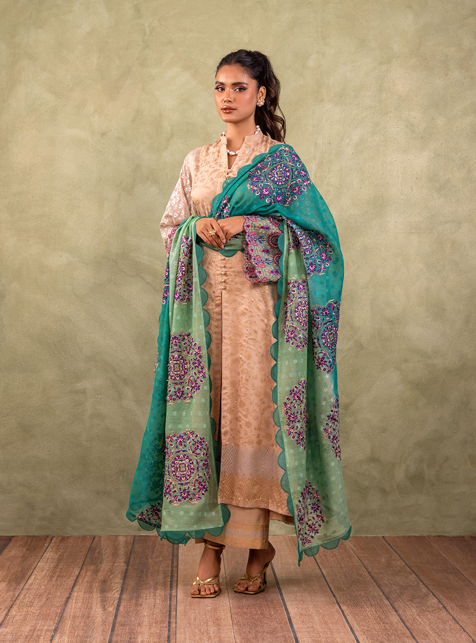 Pakistani Soft Beige Block Printed Pure Chiffon Salwar Kameez (3-Piece) - Image 3