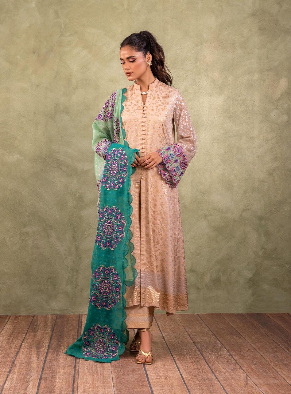 Pakistani Soft Beige Block Printed Pure Chiffon Salwar Kameez (3-Piece) - Image 4