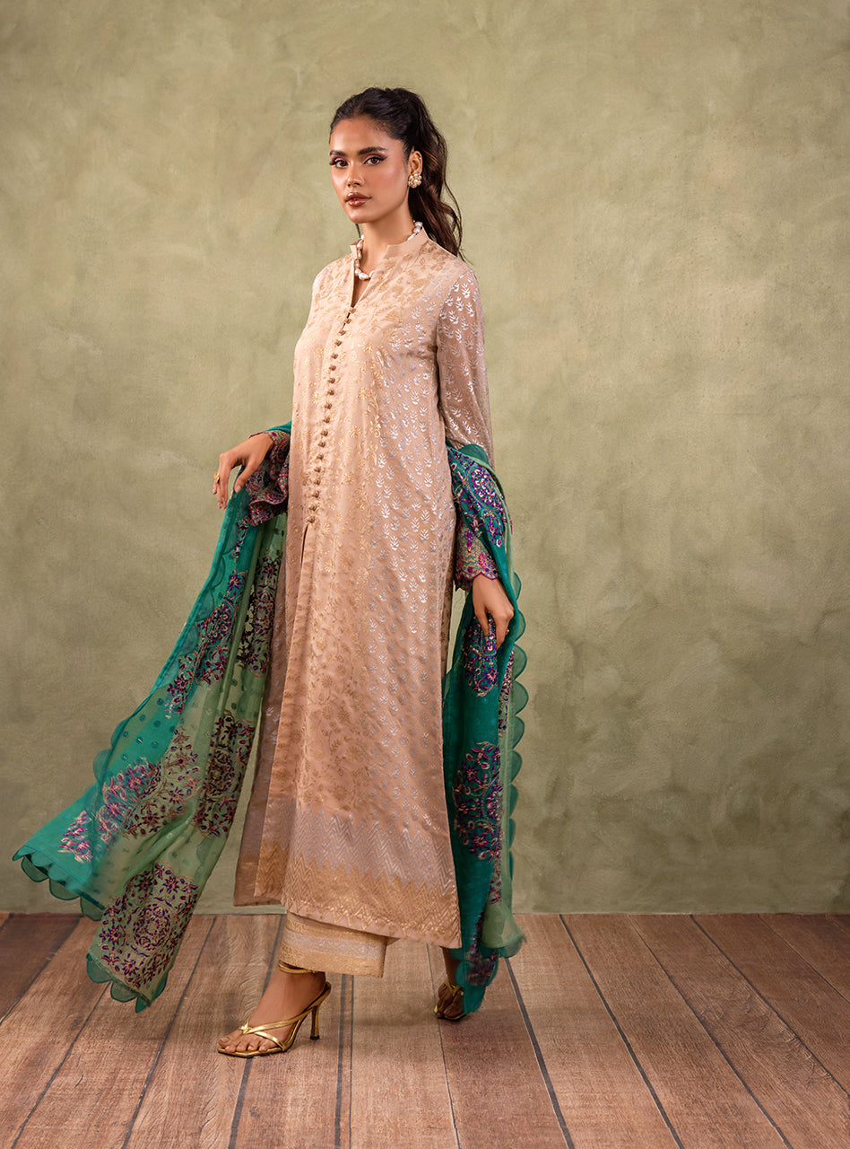 Pakistani Soft Beige Block Printed Pure Chiffon Salwar Kameez (3-Piece) - Image 5