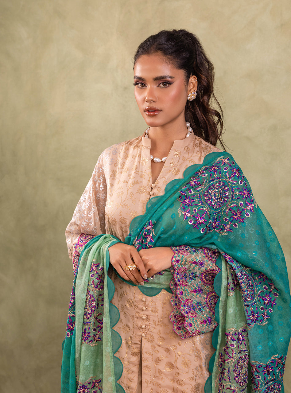 Pakistani Soft Beige Block Printed Pure Chiffon Salwar Kameez (3-Piece) - Image 6