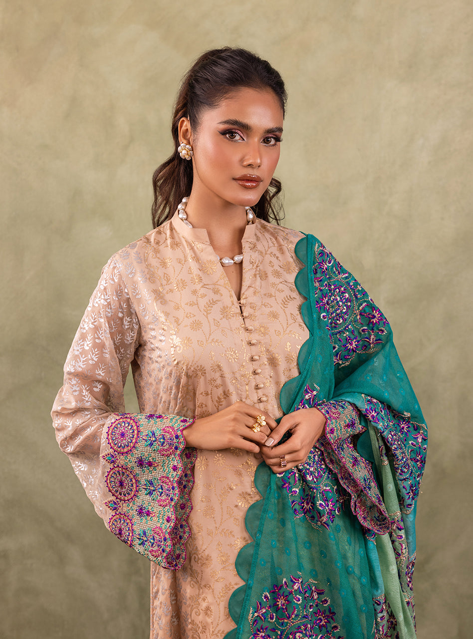 Pakistani Soft Beige Block Printed Pure Chiffon Salwar Kameez (3-Piece) - Image 7
