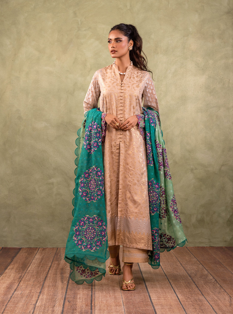 Pakistani Soft Beige Block Printed Pure Chiffon Salwar Kameez (3-Piece) - Image 8