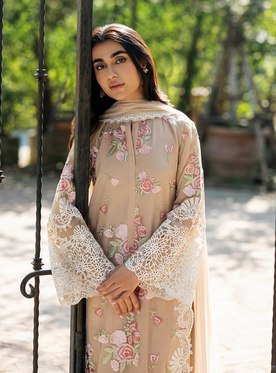 Soft Beige Floral Embroidered Chiffon Salwar Kameez (3-Piece) - Image 3