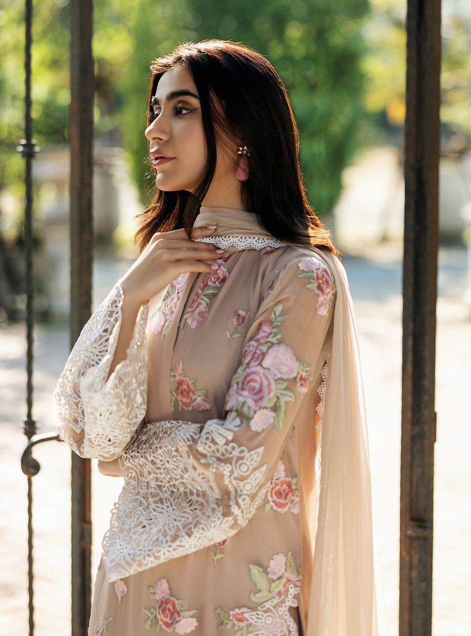 Soft Beige Floral Embroidered Chiffon Salwar Kameez (3-Piece) - Image 6