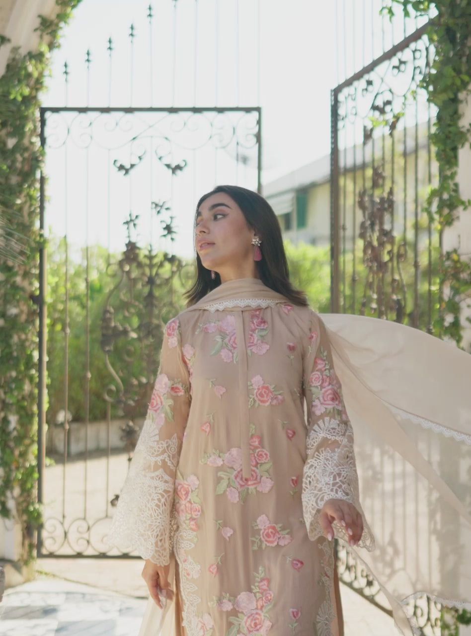 Soft Beige Floral Embroidered Chiffon Salwar Kameez (3-Piece) - Image 8