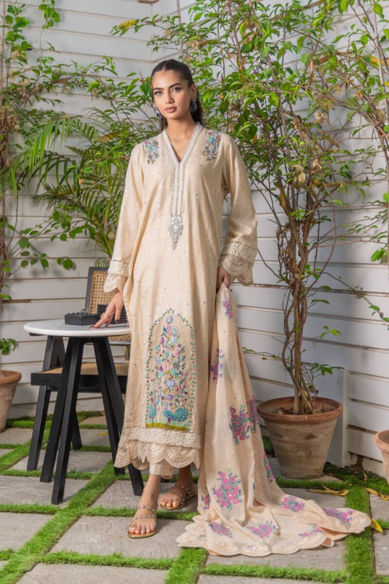 Pakistani Beige Hand Embellished Chiffon Salwar Kameez (3-Piece) - Image 1