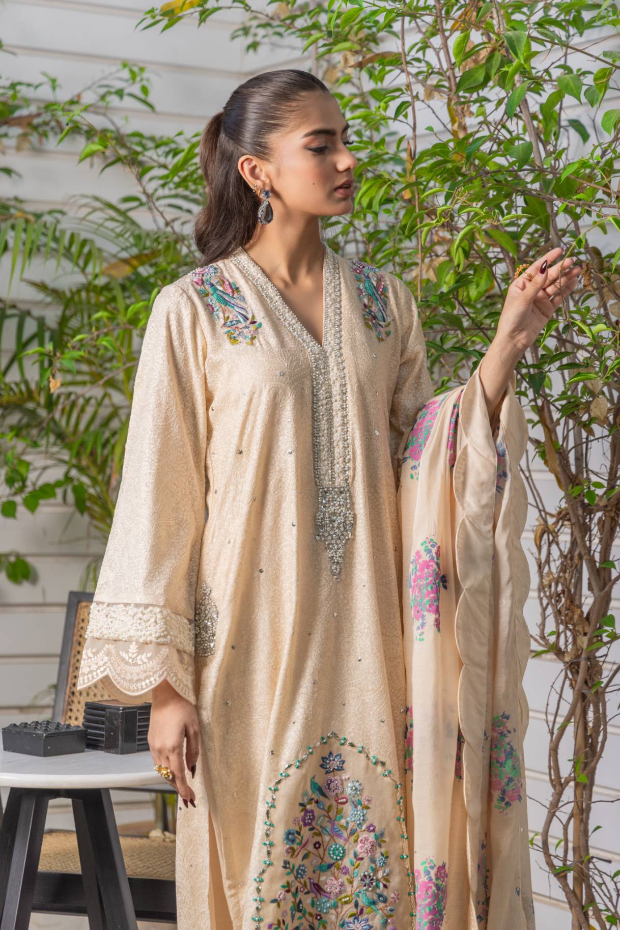Pakistani Beige Hand Embellished Chiffon Salwar Kameez (3-Piece) - Image 3