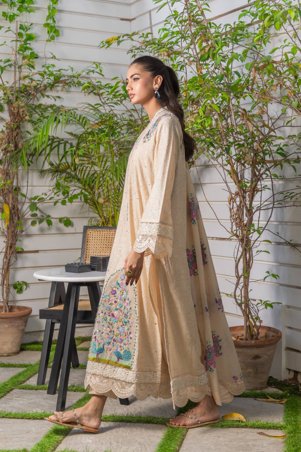 Pakistani Beige Hand Embellished Chiffon Salwar Kameez (3-Piece) - Image 4