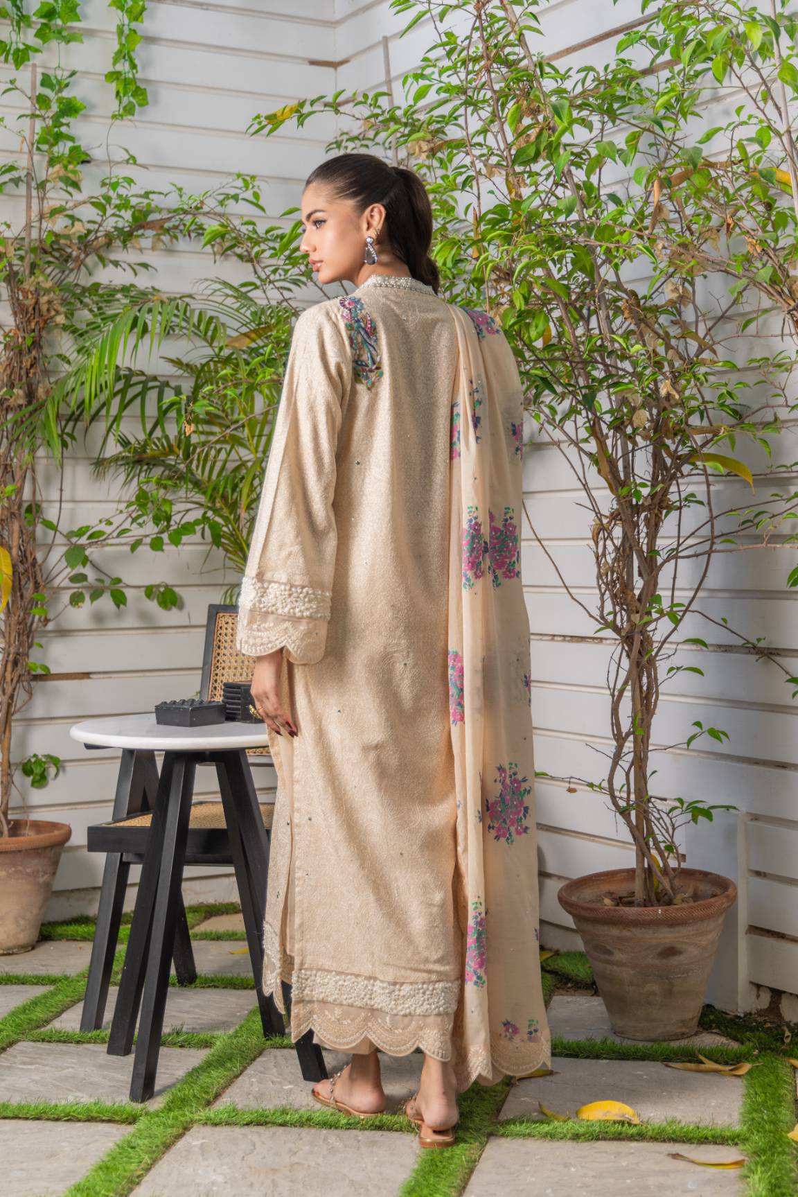Pakistani Beige Hand Embellished Chiffon Salwar Kameez (3-Piece) - Image 5