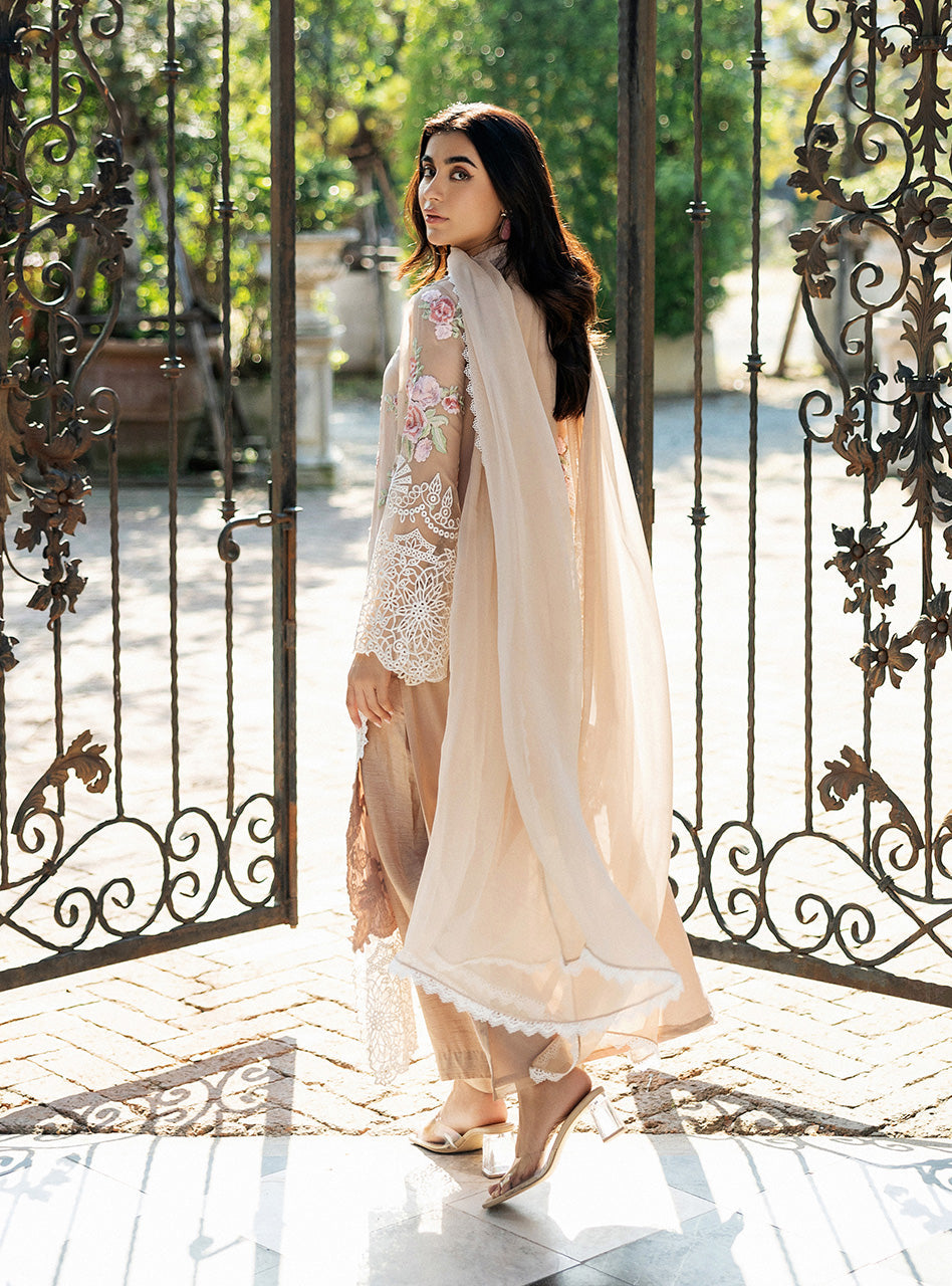 Soft Beige Embroidered Chiffon Salwar Kameez (3-Piece) - Image 3