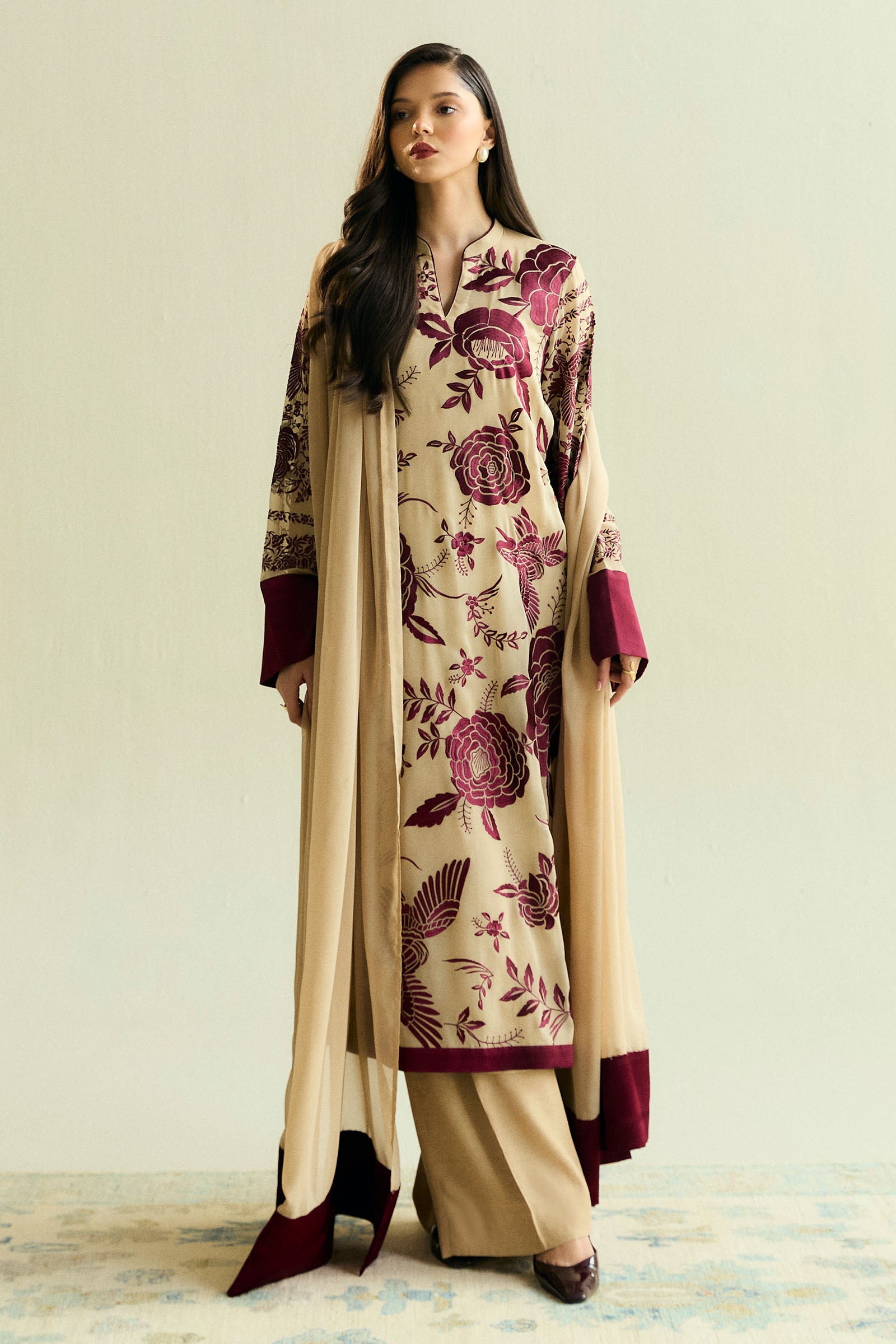 Beige Gara Embroidered Chiffon Georgette Salwar Kameez (3-Piece) - Image 1