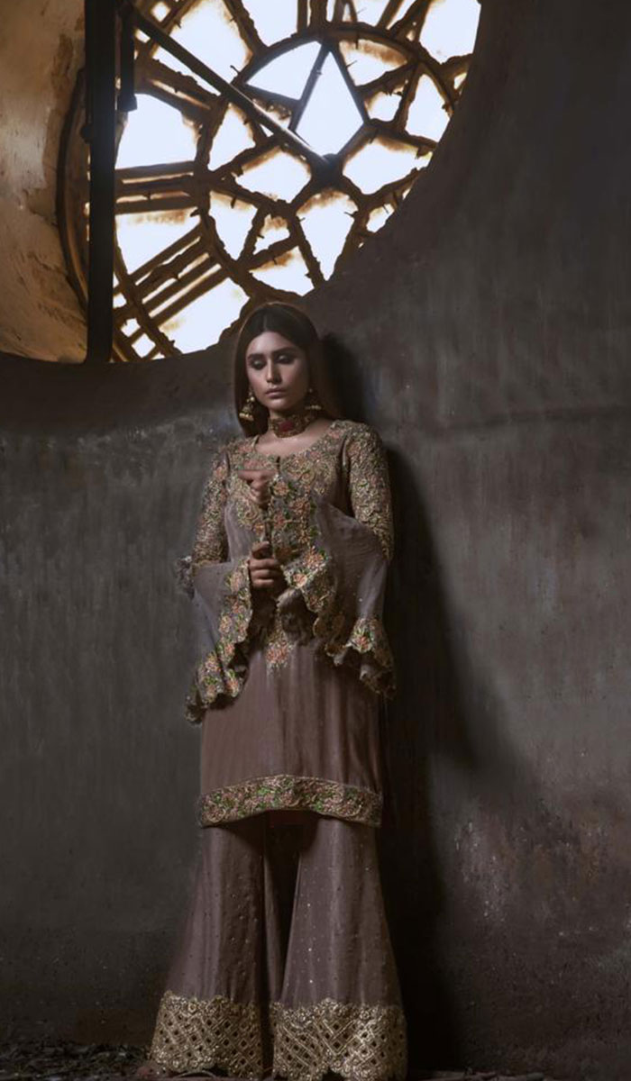 Pakistani Taupe Embroidered Chiffon-Georgette Salwar Kameez (2-Piece) - Image 1