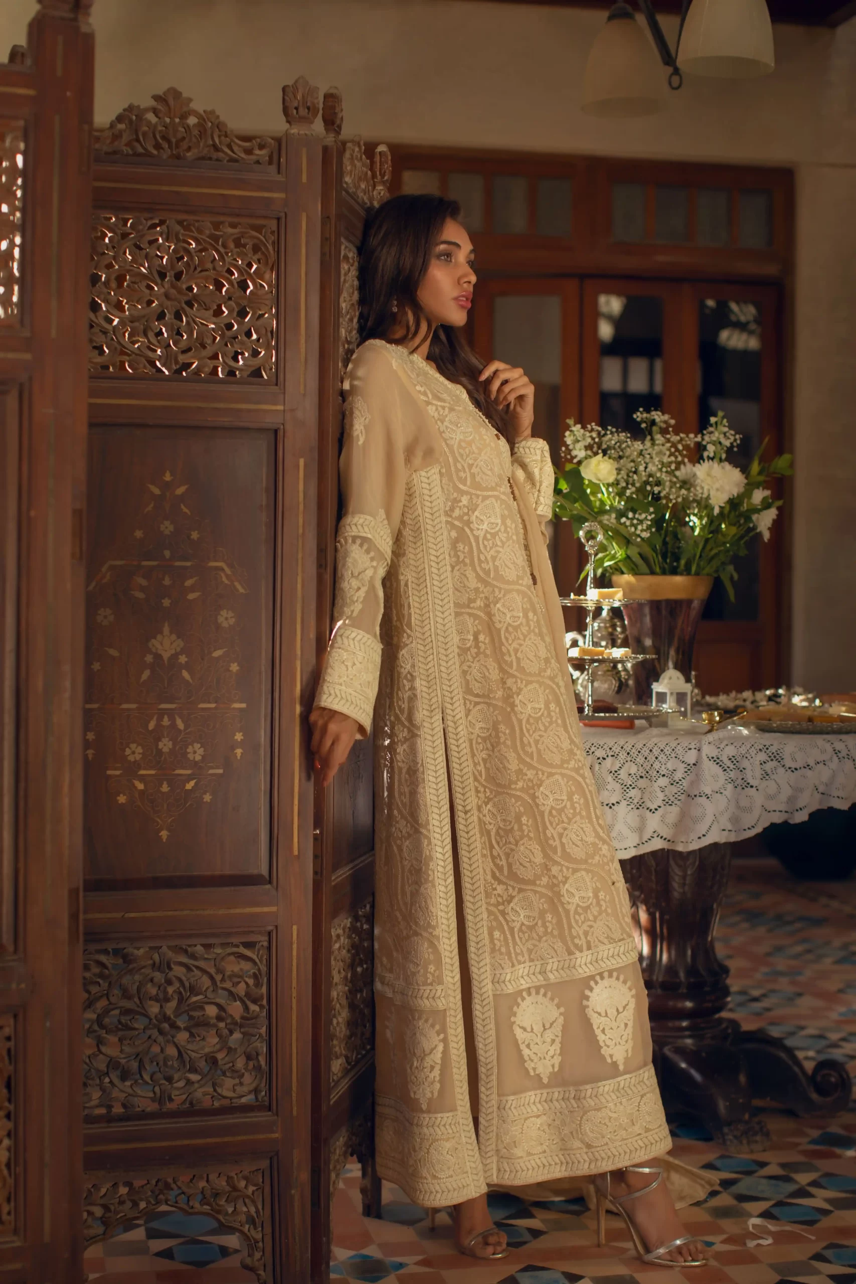 Pakistani Beige Embroidered Chiffon & Raw Silk Salwar Kameez (3-Piece) - Image 3