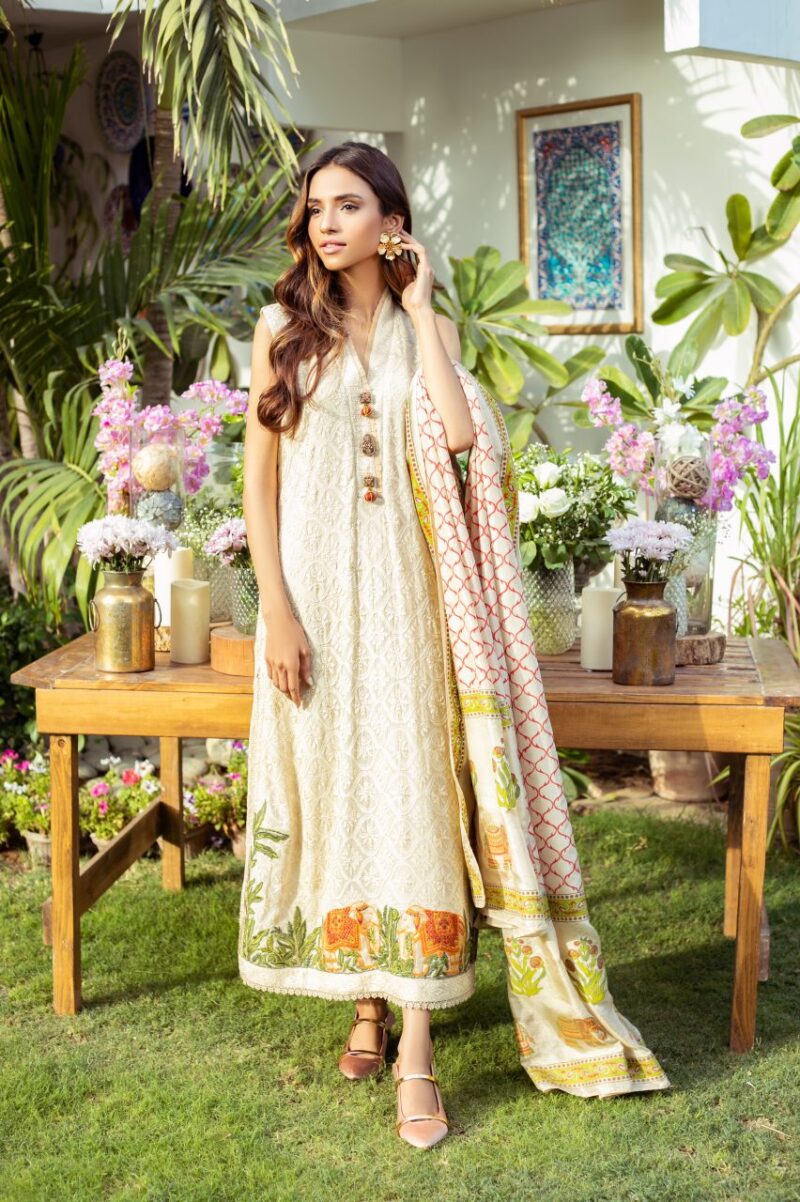 Beige Embroidered Chiffon Salwar Kameez (3-Piece) - Image 1