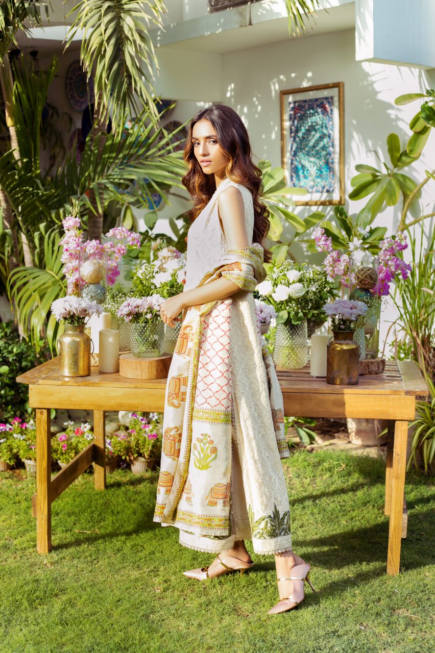 Beige Embroidered Chiffon Salwar Kameez (3-Piece) - Image 5