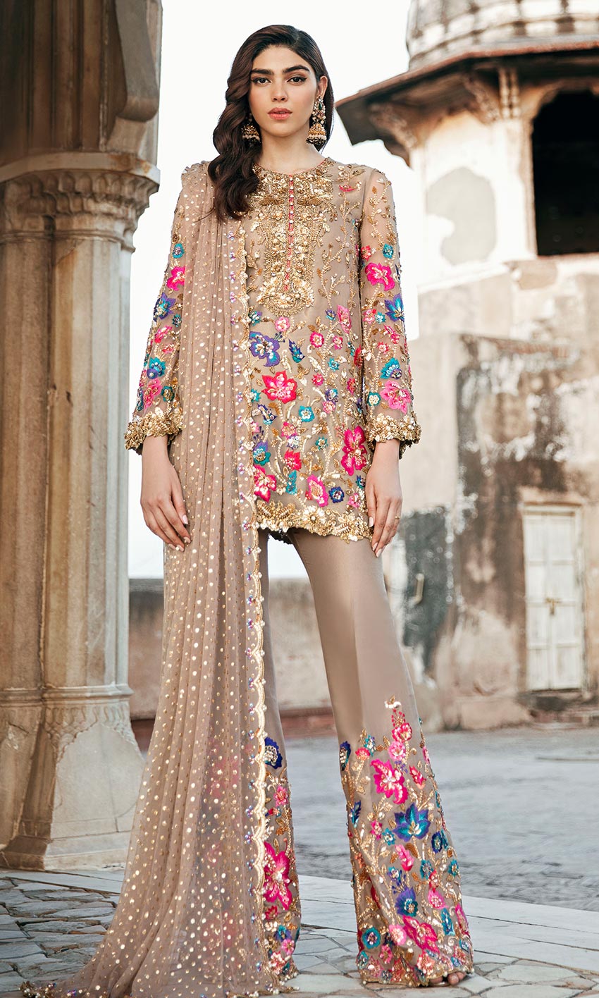 Pakistani Cappuccino Zardozi Chiffon Salwar Kameez (3-Piece) - Image 1