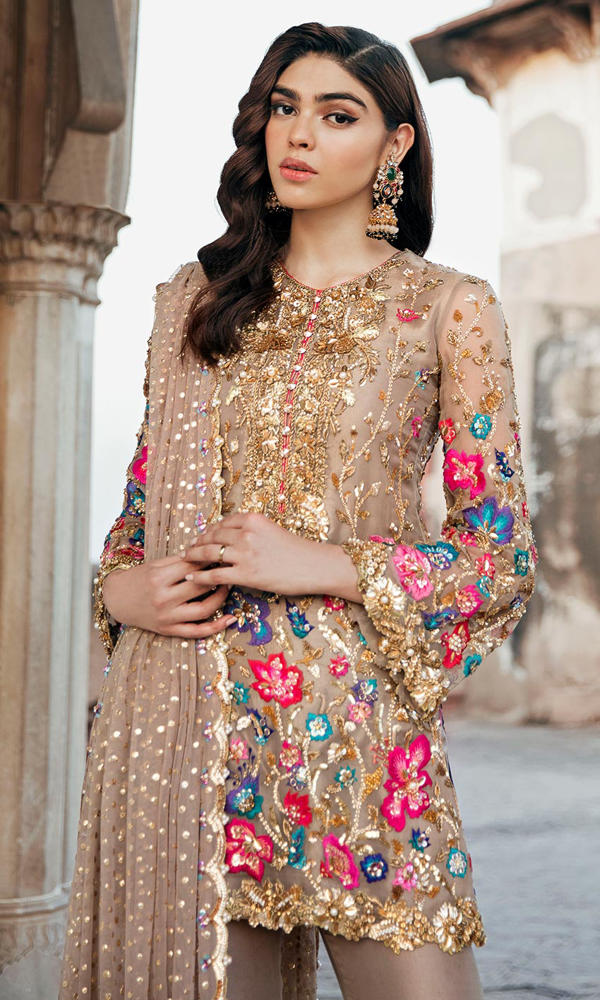 Pakistani Cappuccino Zardozi Chiffon Salwar Kameez (3-Piece) - Image 3