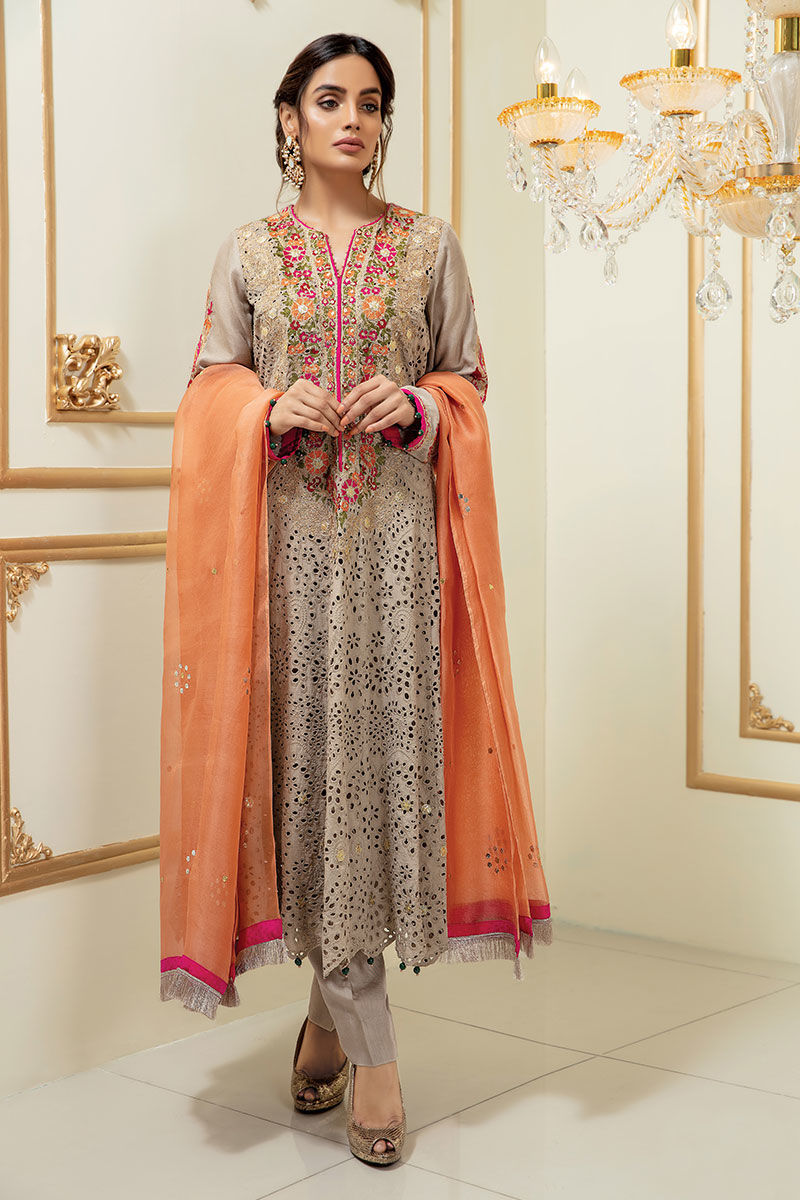 Beige Chikan Embroidered 3-Piece Salwar Kameez - Image 1