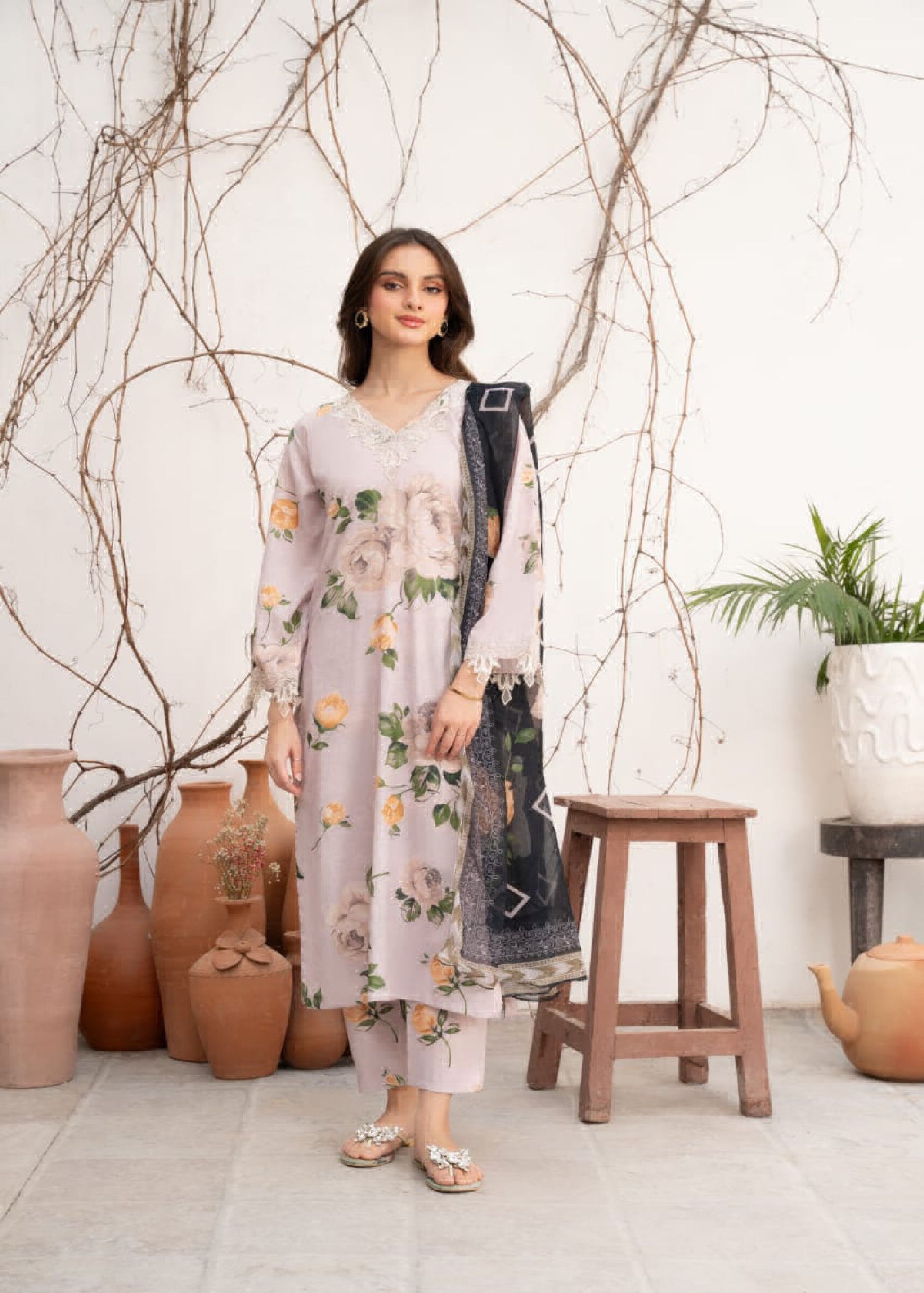 Pakistani Beige Printed & Embroidered Cotton Kurta Set (3-Piece) - Image 1