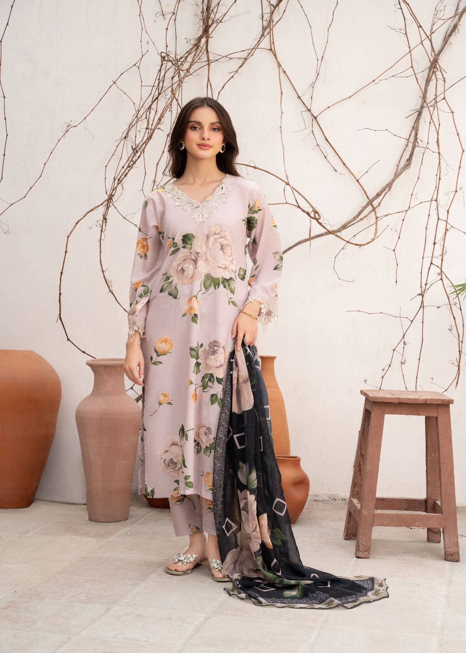 Pakistani Beige Printed & Embroidered Cotton Kurta Set (3-Piece) - Image 2