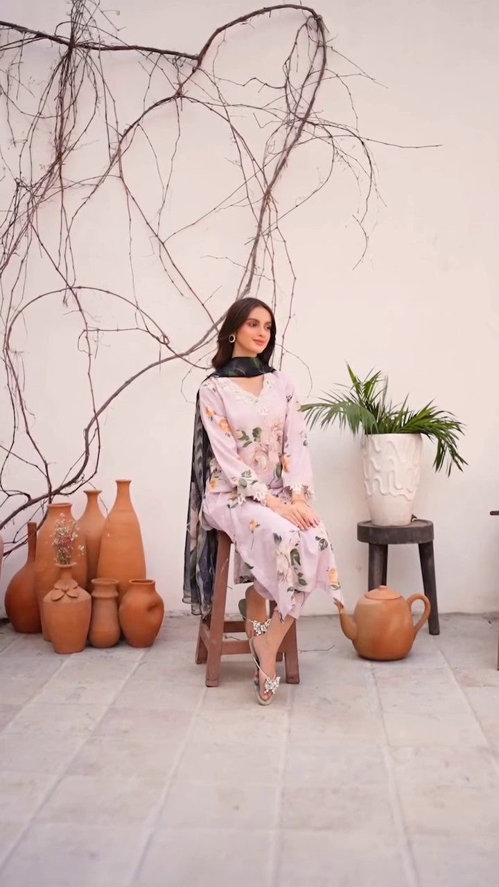 Pakistani Beige Printed & Embroidered Cotton Kurta Set (3-Piece) - Image 6