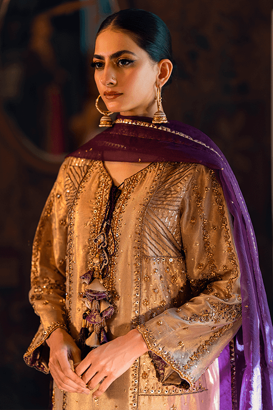 Fawn & Purple Zardozi Cotton Masoori Kurta Set (3-Piece) - Image 1