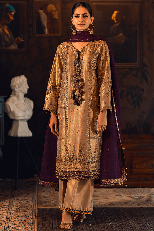 Fawn & Purple Zardozi Cotton Masoori Kurta Set (3-Piece) - Image 2