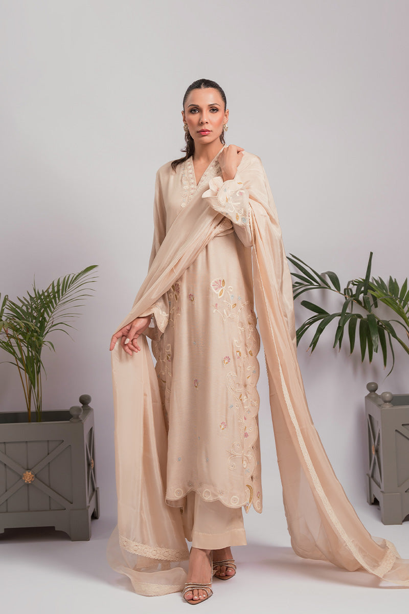 Biscuit Beige Aari Embroidered Cotton Net Salwar Kameez (3-Piece) - Image 1