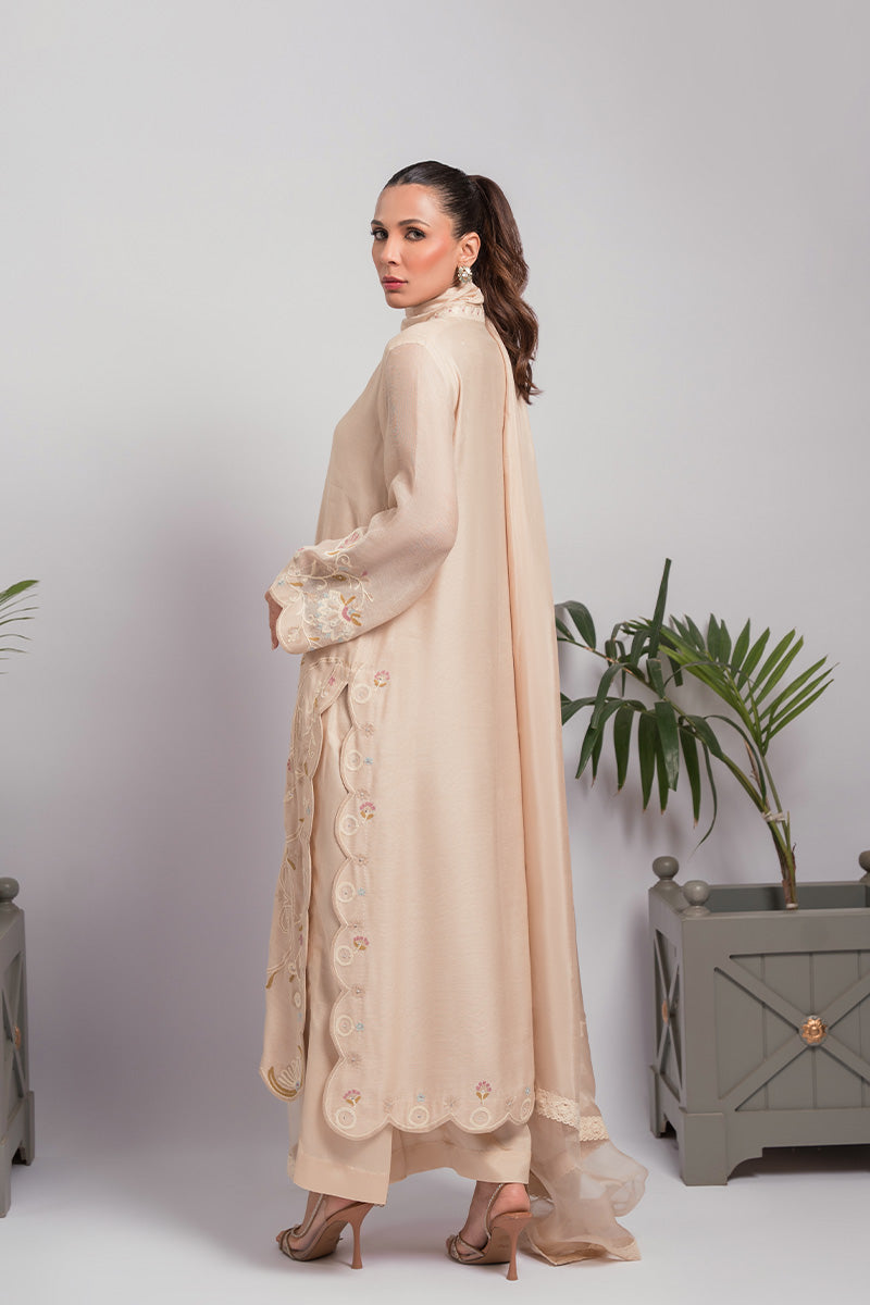 Biscuit Beige Aari Embroidered Cotton Net Salwar Kameez (3-Piece) - Image 2