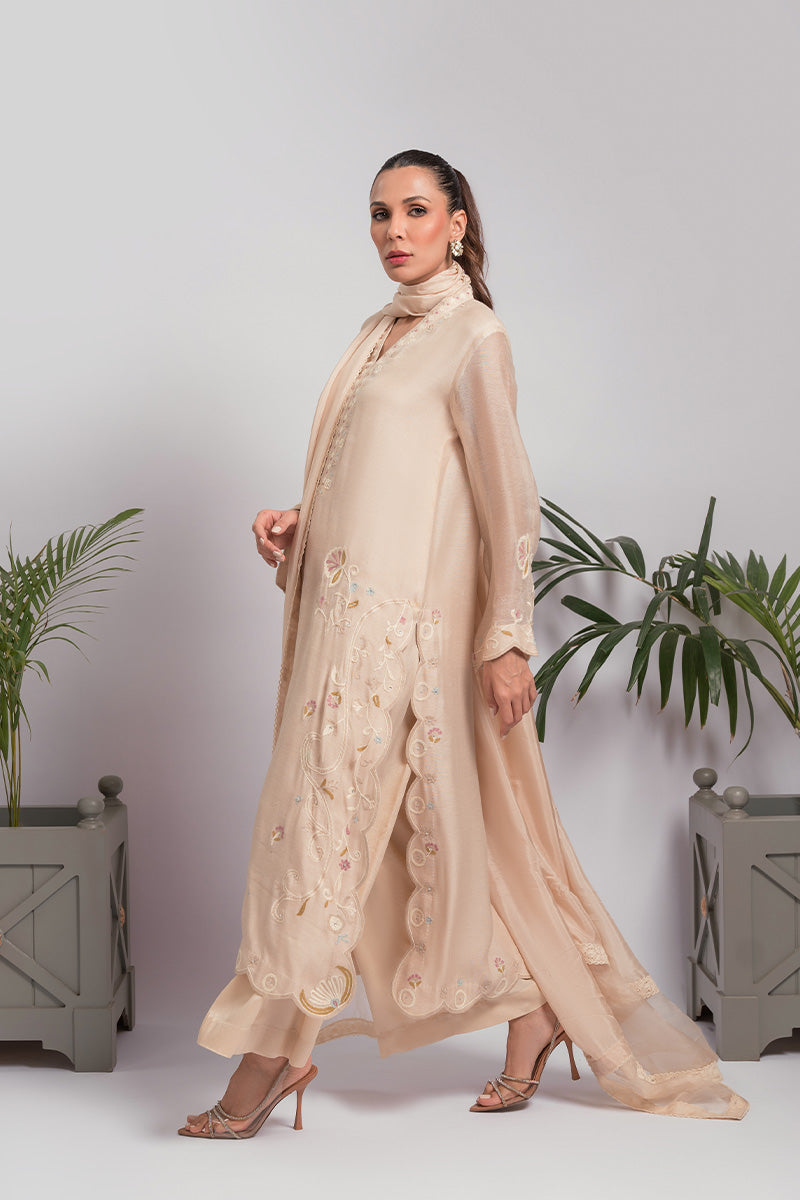 Biscuit Beige Aari Embroidered Cotton Net Salwar Kameez (3-Piece) - Image 4