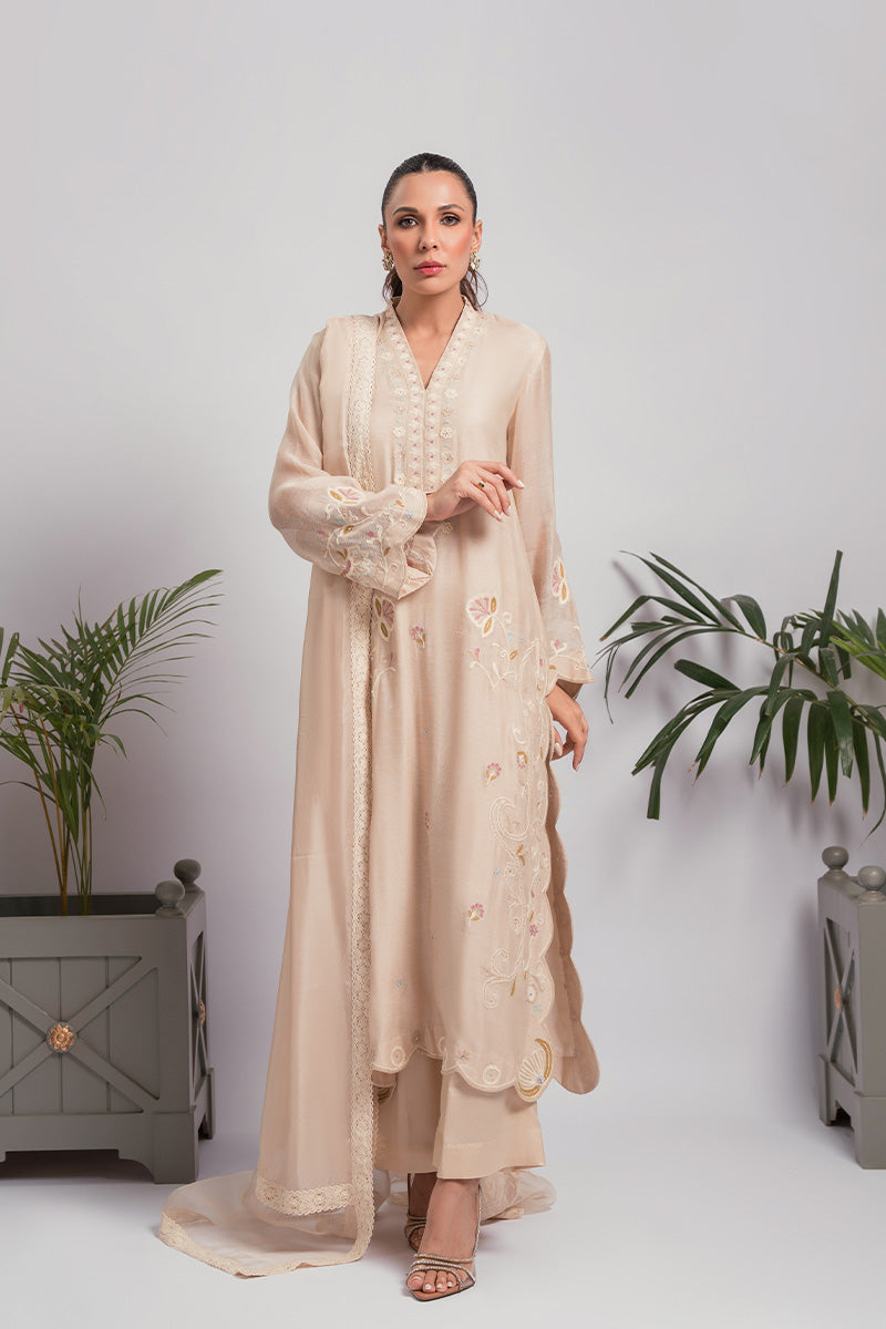 Biscuit Beige Aari Embroidered Cotton Net Salwar Kameez (3-Piece) - Image 5