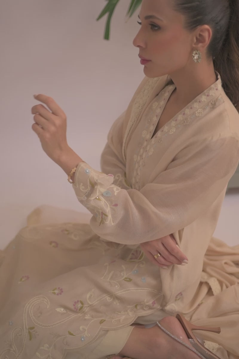 Biscuit Beige Aari Embroidered Cotton Net Salwar Kameez (3-Piece) - Image 8