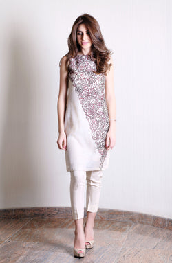 Beige Floral Embroidered Cotton Net Salwar Kameez (2-Piece) - Image 1