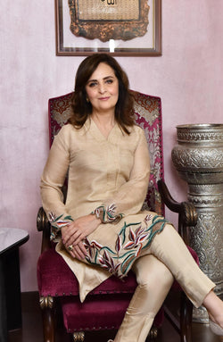 Pakistani Beige Floral Embroidered Cotton Net Kurta Set (2-Piece) - Image 1