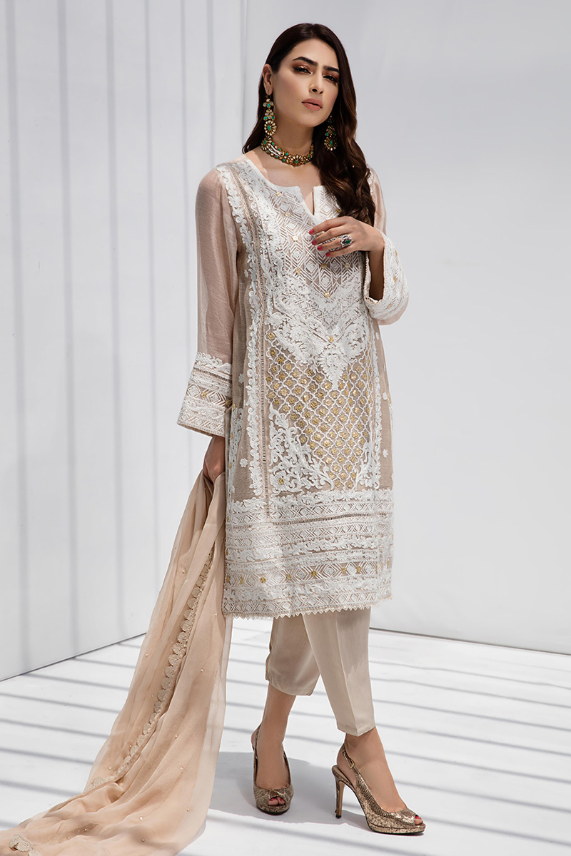 Beige Embroidered Cotton Net Salwar Kameez (3-Piece) - Image 1