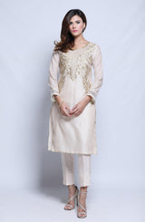 Beige Embroidered Cotton Net Tunic (2-Piece) - Image 2