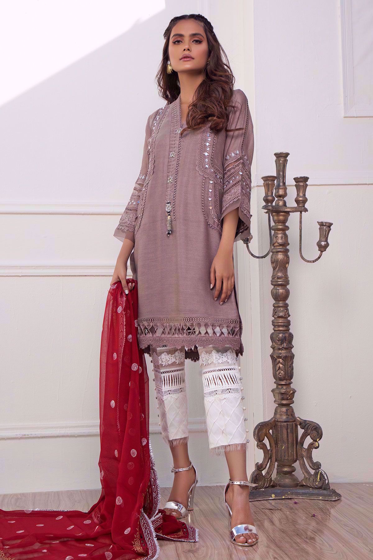 Pakistani Taupe Mirror Work Cotton Net Salwar Kameez (3-Piece) - Image 1