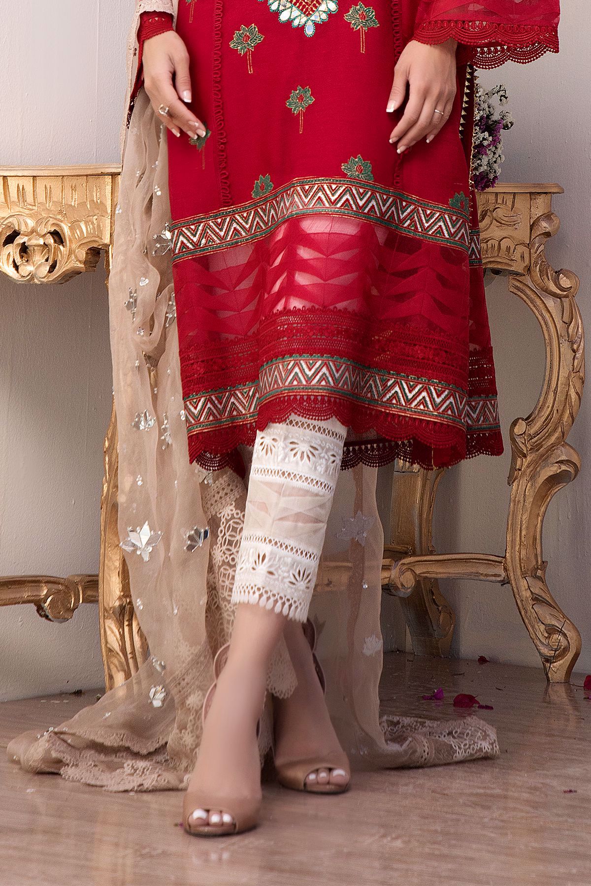 Pakistani Taupe Mirror Work Cotton Net Salwar Kameez (3-Piece) - Image 13