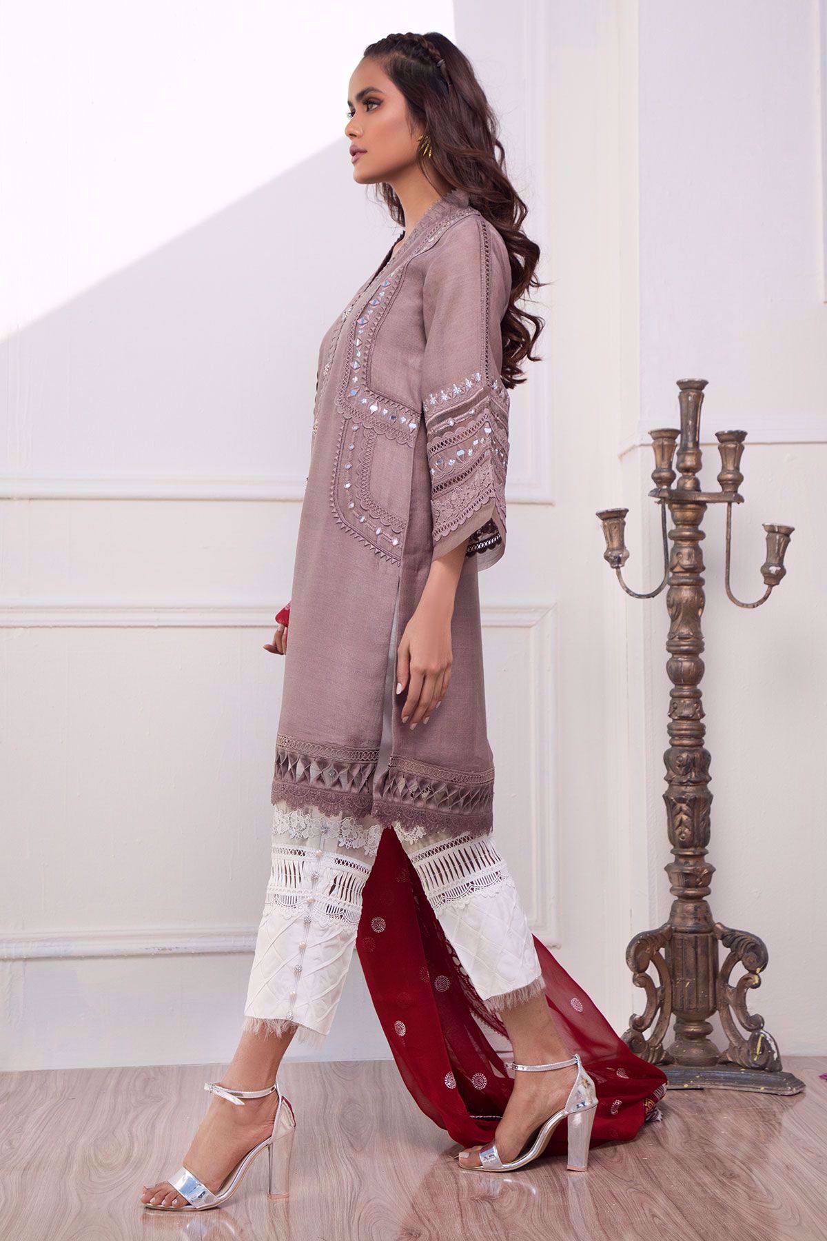 Pakistani Taupe Mirror Work Cotton Net Salwar Kameez (3-Piece) - Image 2