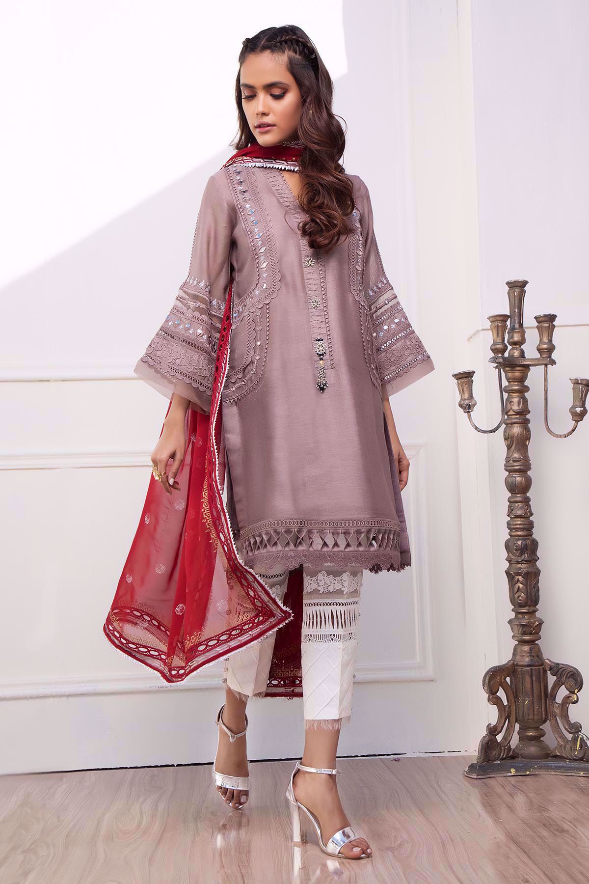 Pakistani Taupe Mirror Work Cotton Net Salwar Kameez (3-Piece) - Image 4