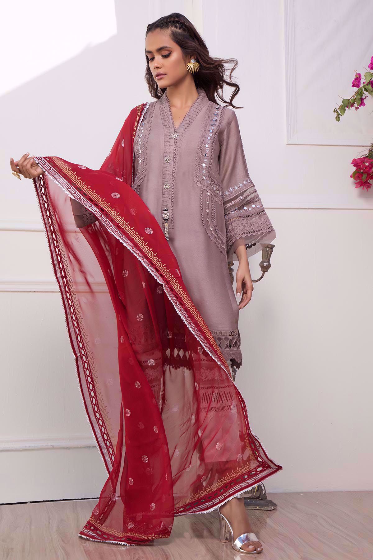 Pakistani Taupe Mirror Work Cotton Net Salwar Kameez (3-Piece) - Image 5