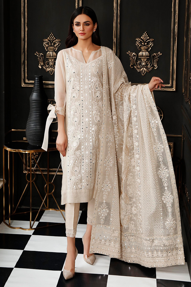 Beige Mirror Work Cotton Net Salwar Kameez (3-Piece) - Image 1